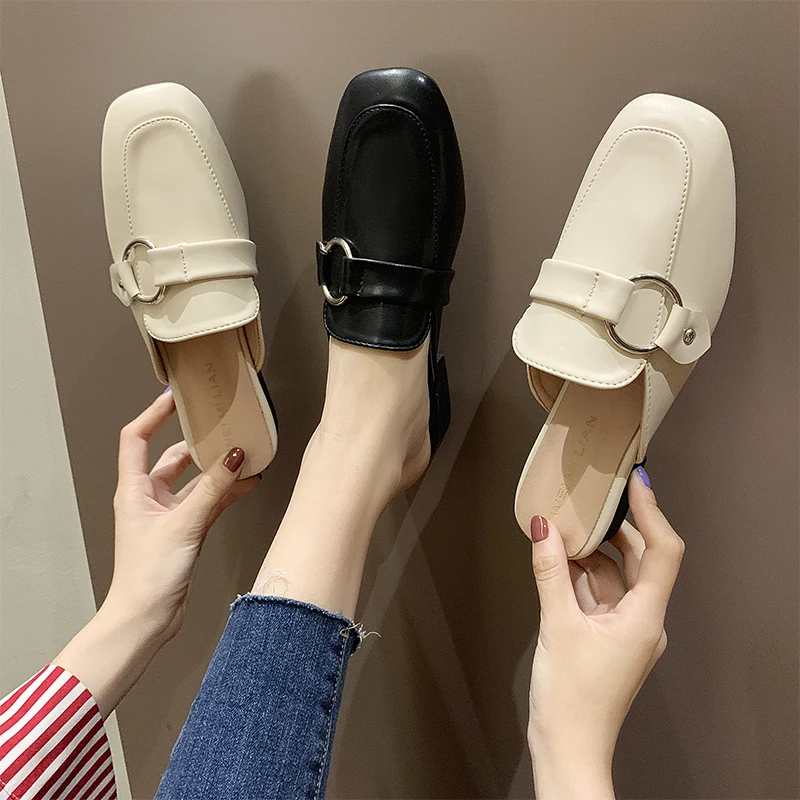 

Shoes Low Luxury Slides Cover Toe Loafers Women's Slippers 2019 Heeled Mules Square heel Designer Soft New Block PU Rome