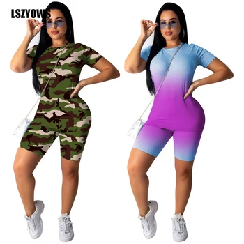 

Gradient Camouflage Print Summer Tracksuit Women Two Piece Set Short Sleeve Tee Tops & Bodycon Shorts Suits Female Casual Outfit