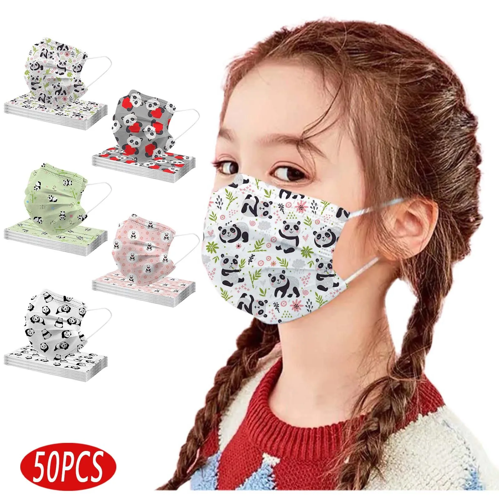 

50PCS Children Kids Disposable 3-Layer Face Panda-Prints Protector Dustproof mascara Mask Cosplay Facial masque mascherina