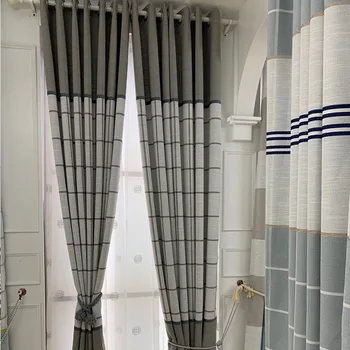 

Mediterranean Linen Lattice Stitching Small Fresh Shading Curtains Suitable for Living Room Bedroom Study Nordic Style Curtains