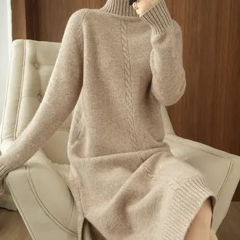 니트 원피스 여성용, 따뜻한 2020 울 긴 스웨터, 가을 겨울 하이넥 오버니 캐시미어 니트 드레스, 대형 베이스 셔츠, 100%