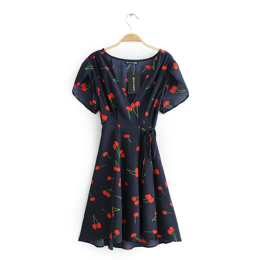 

2018 Europe And America Autumn WOMEN'S Dress V-neck Cherry Printed Short-sleeve Dress 9486