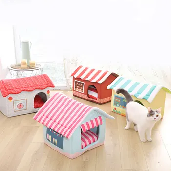 

House Shape Pet Nest Removable And Washable Cat Bed Filling Cotton Four Seasons Available Soft Cat Couse Kennel Pet Dog Supplies