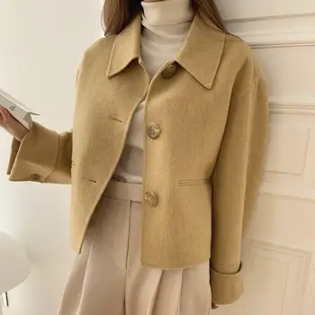 

Winter Single Breasted Woolen Coat Turn Down Collar Long Sleeve Short Jacket Button Casual Loose Solid Outwear