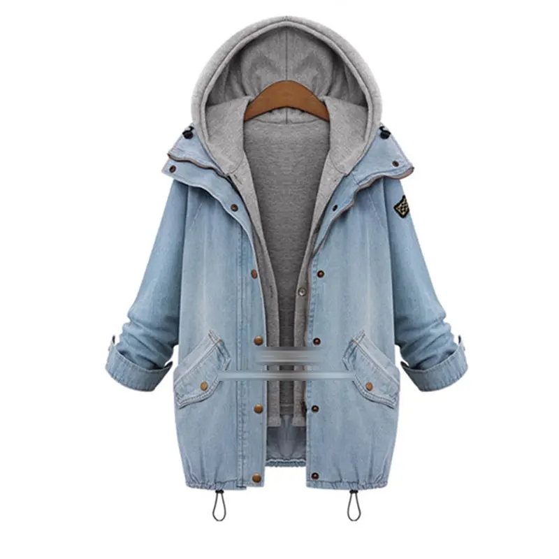 

2019 S Button Up Ladies Denim Women Jacket with Hooded 2 Piece 3XL Female Jean Plus Size Women Coat