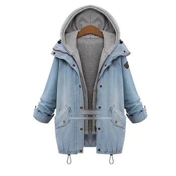

2020 S Button Up Ladies Denim Women Jacket with Hooded 2 Piece 3XL Female Jean Plus Size Women Coat