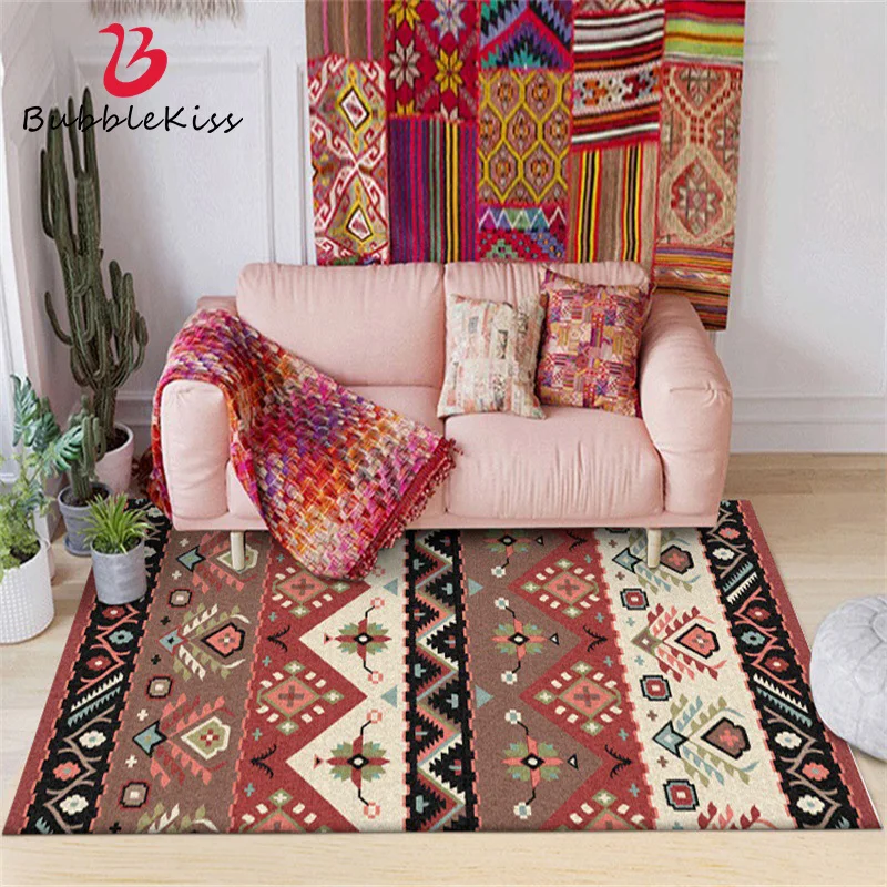 

Bubble Kiss Retro Ethnic Style Carpet In The Livingf Room Customized Home Red Brown Art Geometric Pattern Carpets Bedside Mats