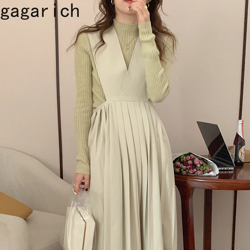 Gagarich 2022 Women Autumn Winter Temperament Sets Skin White Mint Green Long Sleeve Sweater High-Waist Pleated Strap Dress Suit |