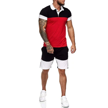 

Mens Short Tracksuit Set Colorblock 2 Piece Sweatsuits Male Sets Summer Casual Clothes Lapel Shirt and Shorts Polo Sweat Suit