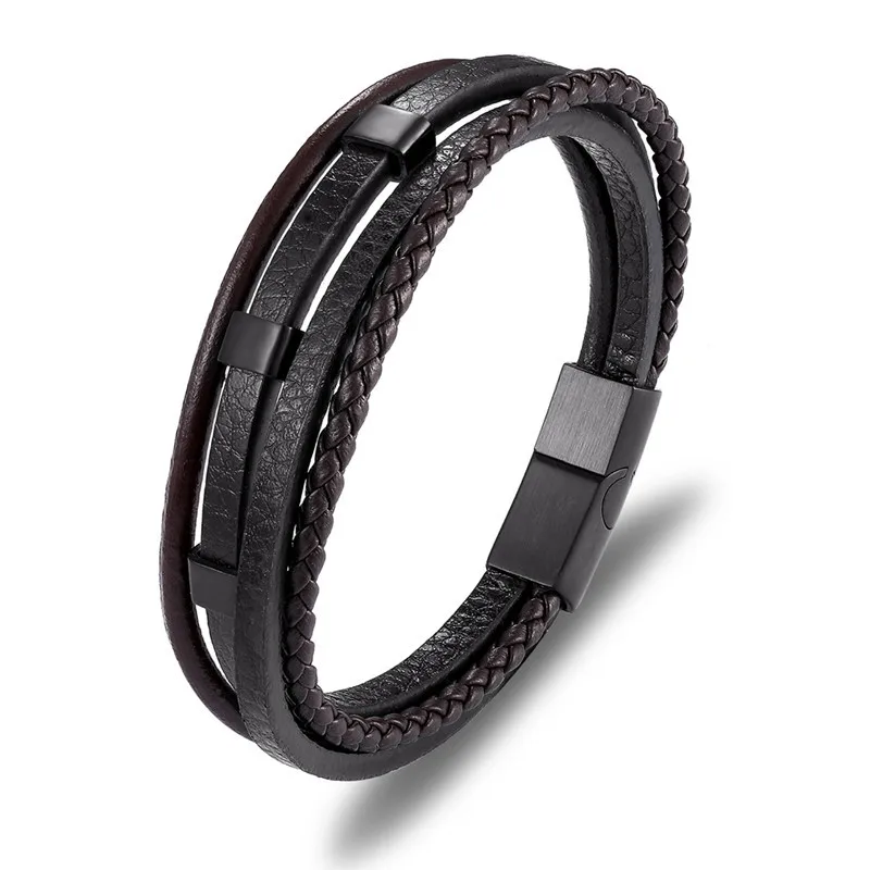 MKENDN, многослойный Плетеный браслет из натуральной кожи, титановый браслет из нержавеющей стали, магнитный браслет для мужчин - Окраска металла: Black