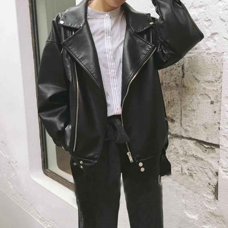 Mooirue осень зима женские классические кожаные куртки пальто на молнии Винтаж Harajuku уличная Корейская свободная черная искусственная кожа пальто
