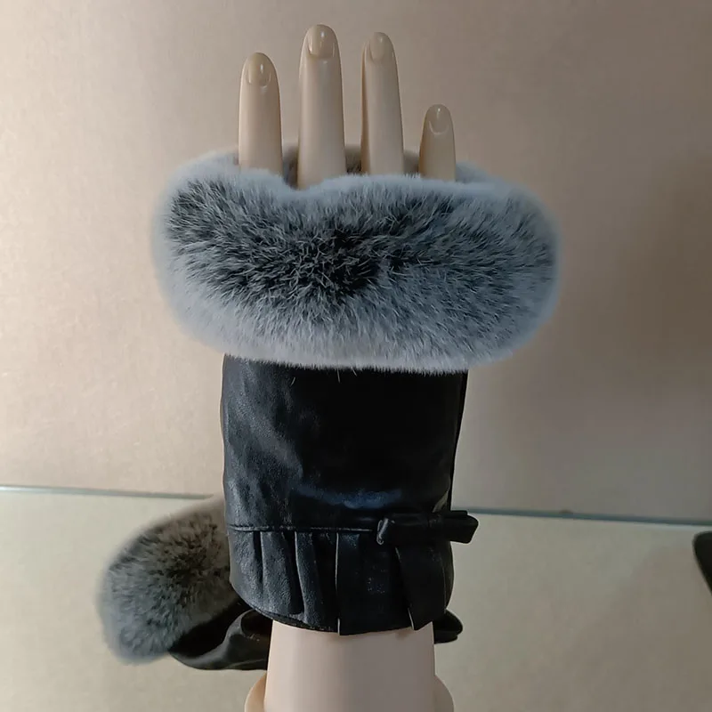 

Genuine Sheep Skin Leather Gloves With Rex Rabbit Fur Cuff Half finger Women Winter Female Warm Glove Spring Hand Warmer Femme