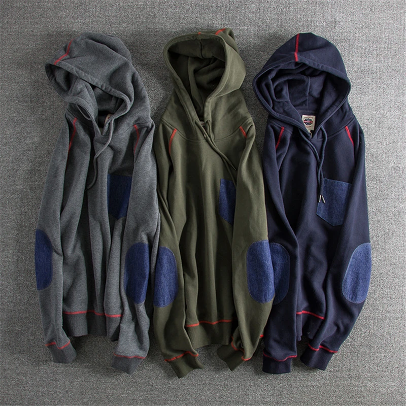 Japanese Harajuku Elbow Patch Hoodie for Men Urban Boys Streetwear Denim Patchwork Pocket Hooded Sweatshirt Plus Size