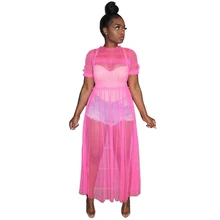 Liooil прозрачное Сетчатое сексуальное Макси платье женская одежда неоновое зеленое платье с круглым вырезом размера плюс вечерние Клубные длинные платья