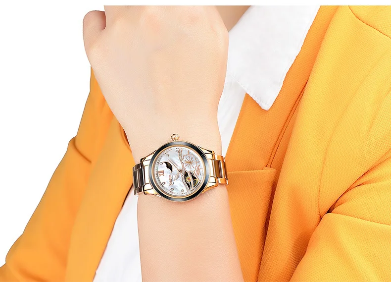 Новые швейцарские женские часы Nesun с полым турбийоном, роскошные Брендовые Часы, автоматические наручные водонепроницаемые женские часы N9071-2