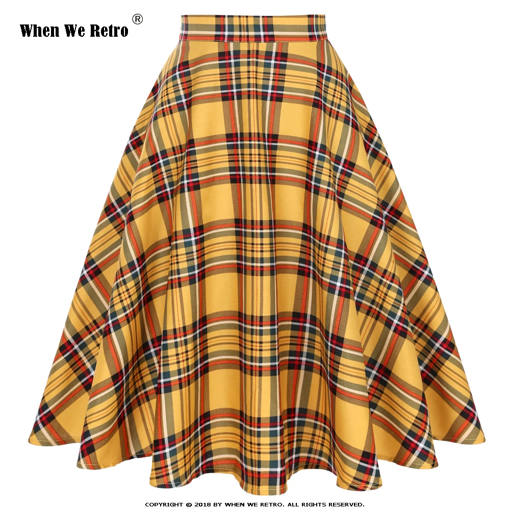 

Retro Yellow Plaid High Waist Midi Skirts jupe femme A Line 2022 Spring Swing Women Vintage Plaid Skirt SS0006