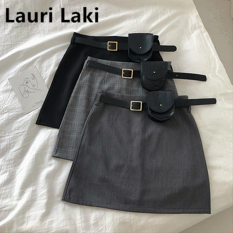 Comprar Mini falda de una línea para Mujer falda de cintura alta elegante sólida Mujer con cinturón ajustado falda negra Retro otoño primavera 2019 Jupe