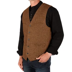 Men's Suit Vest V-neck Herringbone Wool Vest Wedding Groom Vest Business Slim Fit Sleeveless Retro Steampunk Vest for men