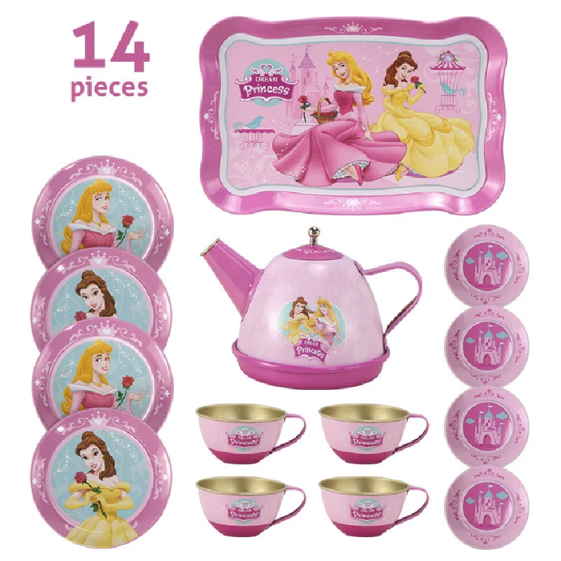 14PCS Teapot Teacup British Style Afternoon Tea Tinplate Toys Kids Kitchen Kids Tea Set Toys Pretend Play Toys For Girl