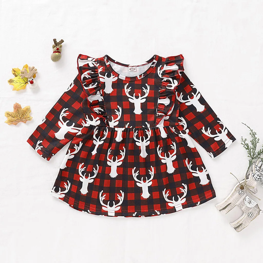 girls christmas dress Toddler Baby Girls Clothes Fashion Cute Long Sleeve Cartoon Deer Plaid Print Dress Clothes toddler costume