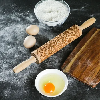 

39*4.8cm Christmas Embossing Rolling Pin Baking Cookies Biscuit Fondant Cake Dough Engraved Wooden