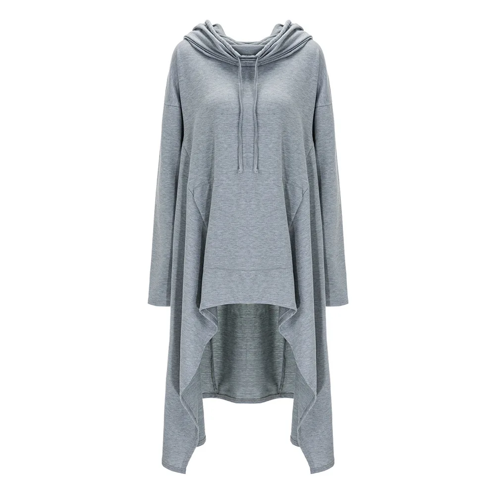 Solid Color Full Sleeve Hooded Pullover Hoodie Autumn Casual Women Pockets Fitting Standard Asymmetrical Long Hoodie MK5315