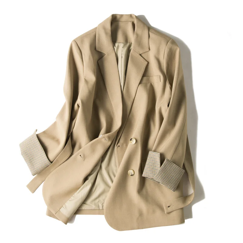 

Retro Elegant Pattern Solid Color Double Breasted Long Sleeve Small Suit Coat Women's Korean-style Loose-Fit Waist Hugging Suit