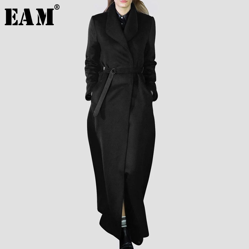 

[EAM] Loose Fit Black Long Waist Bandage Woolen Coat Parkas New Lapel Long Sleeve Women Fashion Tide Autumn Winter 2020 LA963
