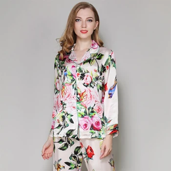 

100% Pure silk pajama sets women elegance Floral long sleeve noble pyjamas mujer natural silk sleepwear For lady sexy M l XL