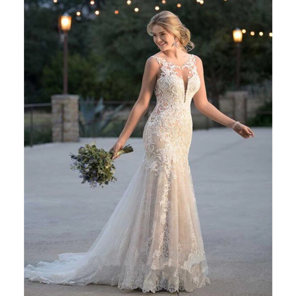 

Princess Sweep Train Boho Party Vestido de Noiva Plus Size Sexy Lace Backless Mermaid Wedding Dress Custom Appliques Bridal Gown
