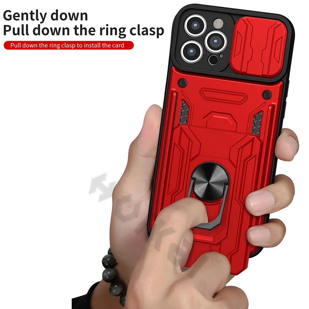 For iPhone 13 12 11 Pro Max Case Slide Stand Kickstand Ring Camera Military Grade Card Slot SE 2020 XR XS Max X XS 8 Plus Cover