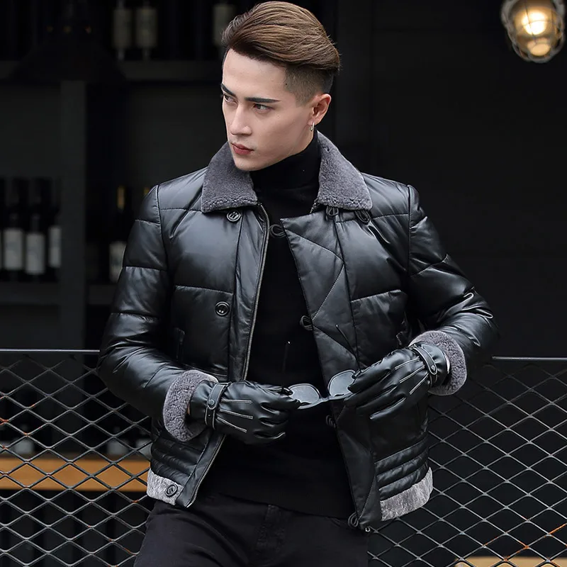 

Winter new leather oversize men's trim lamb fur one leather jacket m-4xl