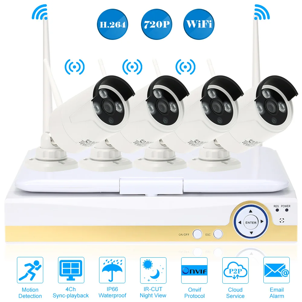 OWSOO 10.1’’ 4CH 720P HD WiFi NVR Kit with 4pcs 1.0MP Wireless Waterproof Outdoor Bullet IP Camera Support P2P Onvif IR-CUT |