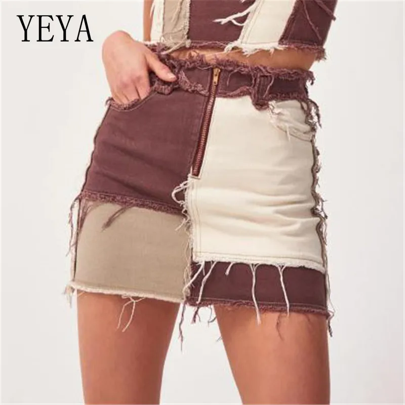 

YEYA High Waist A-Line Denim Skirts with Pockets Color Block Patchwork Cotton Zipper Women Casual Streetwear Skirt