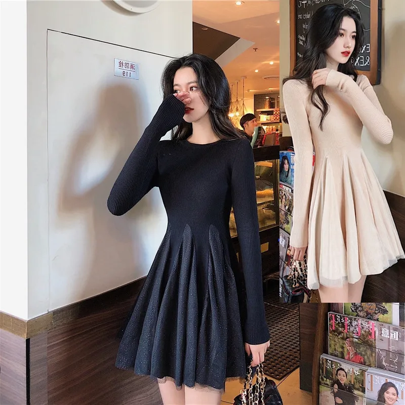 

2020 Autumn Chic Slim Fit Mesh Spell Receive Waist Knitting Dress Temperament Sweater Skirt Big Pendulum