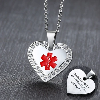 

Personalized Medical Alert Women's Necklace CZ Stone silver color Heart Pendant Custom Name Contact Disabete Mom Free Engraving