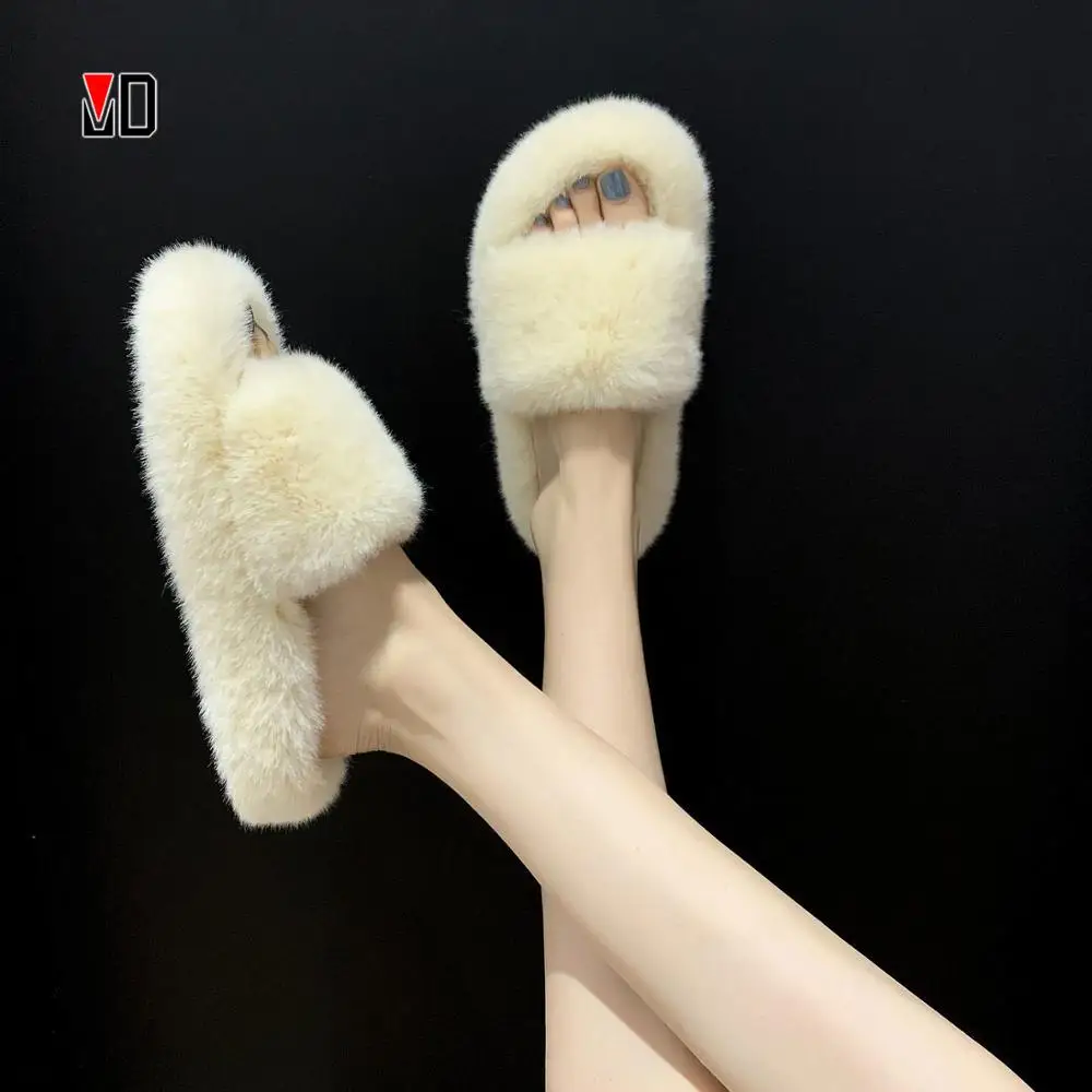 Warm Shoes Flats House Furry Slippers Slides Faux-Fur Plush Women Slip Outdoor Female