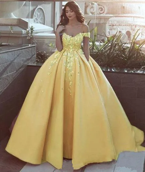 Модные желтые 3D Цветочные Цветы Бальные платья с открытыми плечами кружевные милые 16 Платья Vestidos 15 Anos