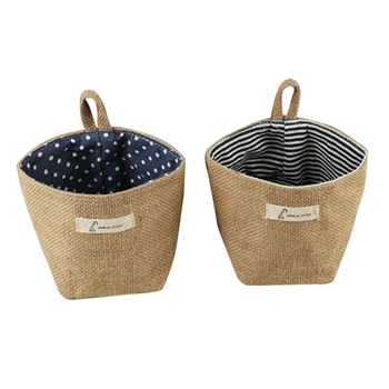

2Pcs Cotton Linen Art Flower Pot Small Sack Hanging Jute Cotton Dot Storage Basket Storage Bag(Blue Point&Blue Stripes)