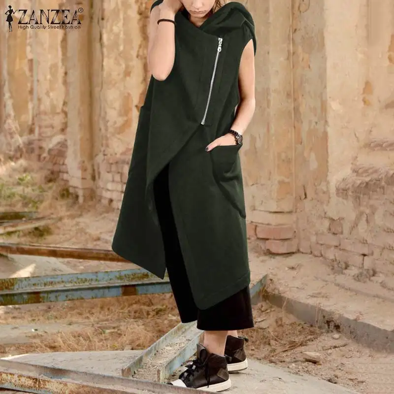 Promo 2019 ZANZEA Fashion Hooded Irregular Outerwear Women Sleeveless Jackets Autumn Casual Solid Zipper