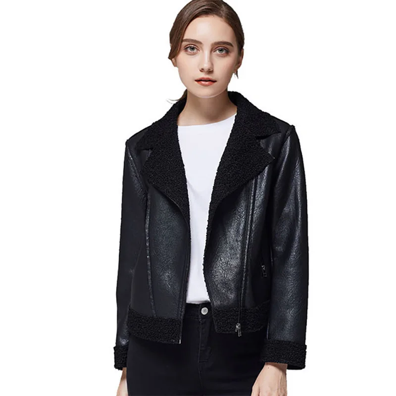 

Leather Coat Women Plus Size PU Casual Turn-down Collar Long Sleeve Motorcycle Coat Zipper Fashion Black Female Coat Plus Size