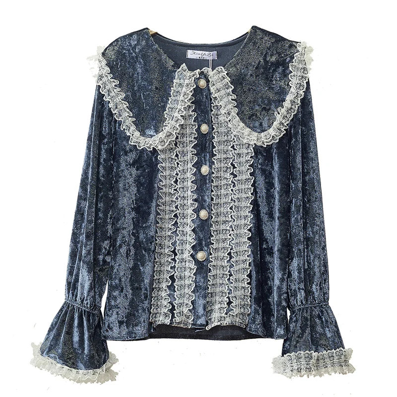 Autumn Winter Women Velvet Blouses and Tops Loose Casual Long Sleeve Cute Korean Female Lace Ruffle Shirt Chemise Femme |