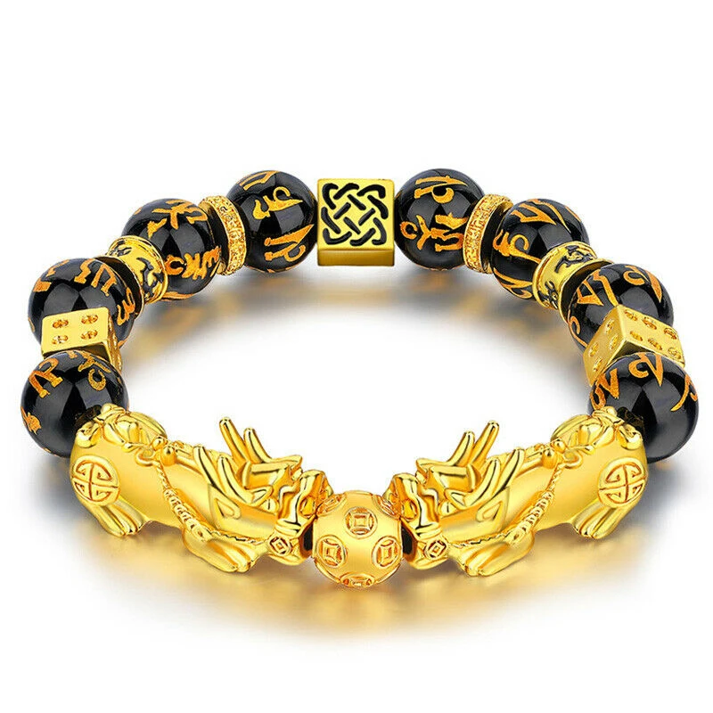 Feng Shui Obsidian Stone Beads Bracelet Men Women Unisex Wristband Gold Black Pixiu Wealth and Good Luck  Women Bracelet