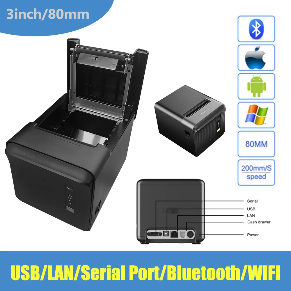 Термопринтер штрих-кодов для чеков 80 мм Bluetooth Wi-Fi LAN USB последовательный порт |