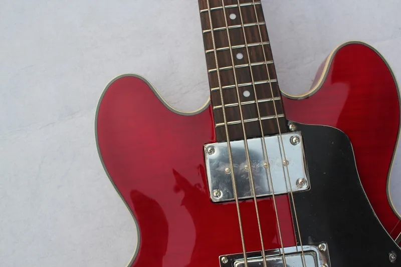 Красная Электрогитара Бас, 4 струнные бас, полуполый корпус клена, Кленовая шея, хромированная фурнитура
