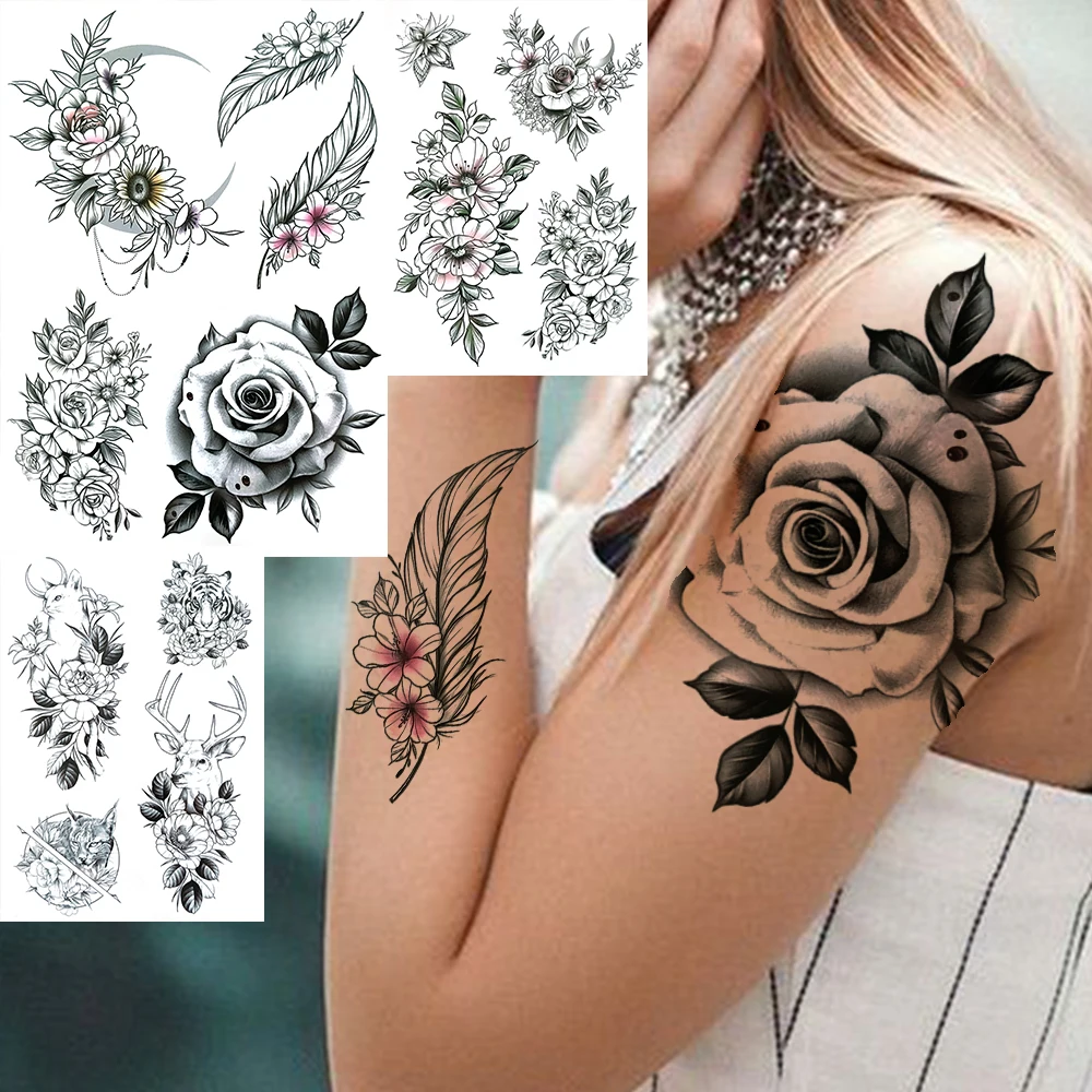 

3D Vintage Rose Peony Feather Moon Temporary Tattoos For Women Girl Black Flower Deer Cat Tiger Tattoo Sticker Fake Sexy Tatoo