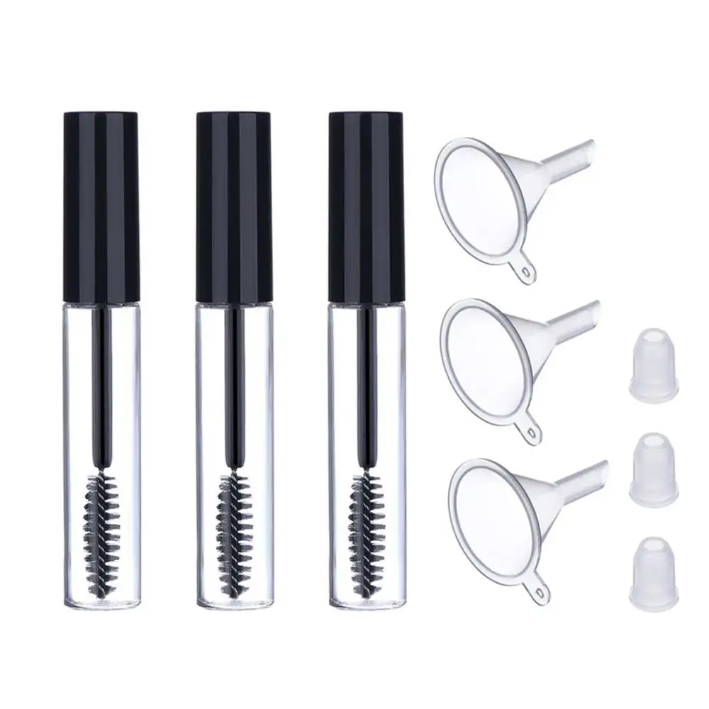 Tubo vazio do rímel de 3 pces 10ml com varinha dos cílios, garrafa do recipiente do creme dos cílios com inserções, funis para o rímel dos cosméticos de diy