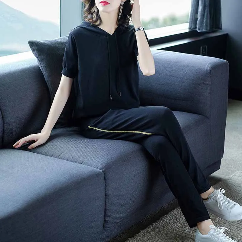 

Viscose Sweater WOMEN'S Short Sleeved Sports Leisure Suit 2019 Summer France Non-mainstream Two-Piece Set Western Style Hoodie