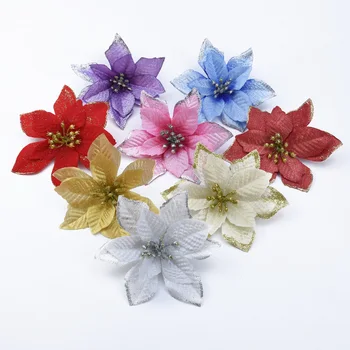 

5/10/20 pcs Artificial Flowers For Christmas Home Decoration Glitter Poinsettia Fake Flowers DIY Wedding decorative flowers Head