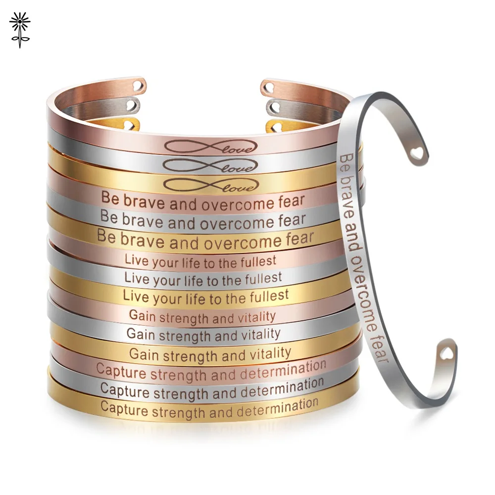 4mm Gold color Stainless Steel Bangles Positive Inspirational Bracelet Engraved Quotes Mantra Bracelet & Cuff Bangle for Women 4mm 4 colors quotes mantra bracelets stainless steel open cuff bangle fashion female inspirational jewelry bracelets